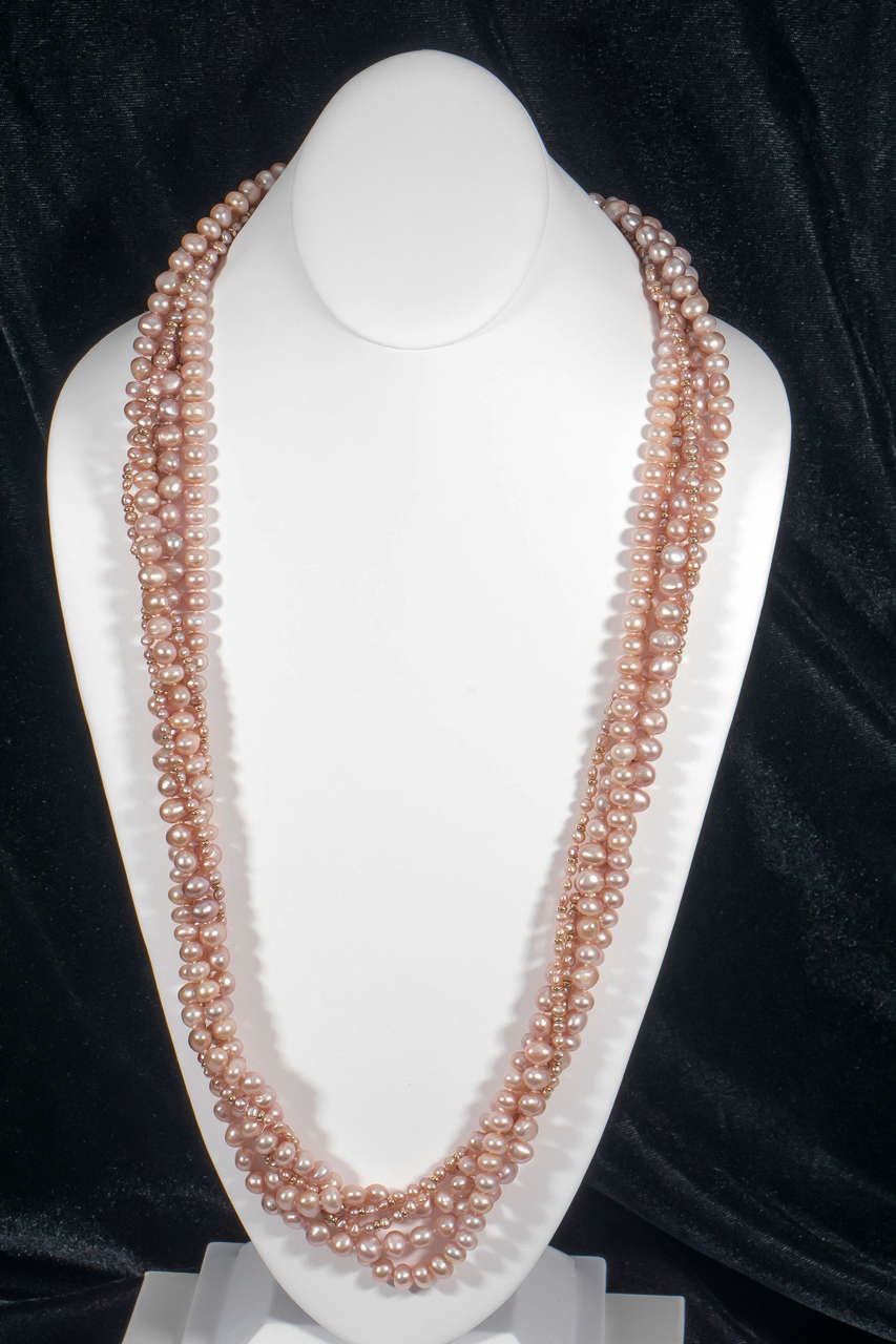 Women's Naomi Sarna Five Strand Pink Pearl Gold Necklace For Sale