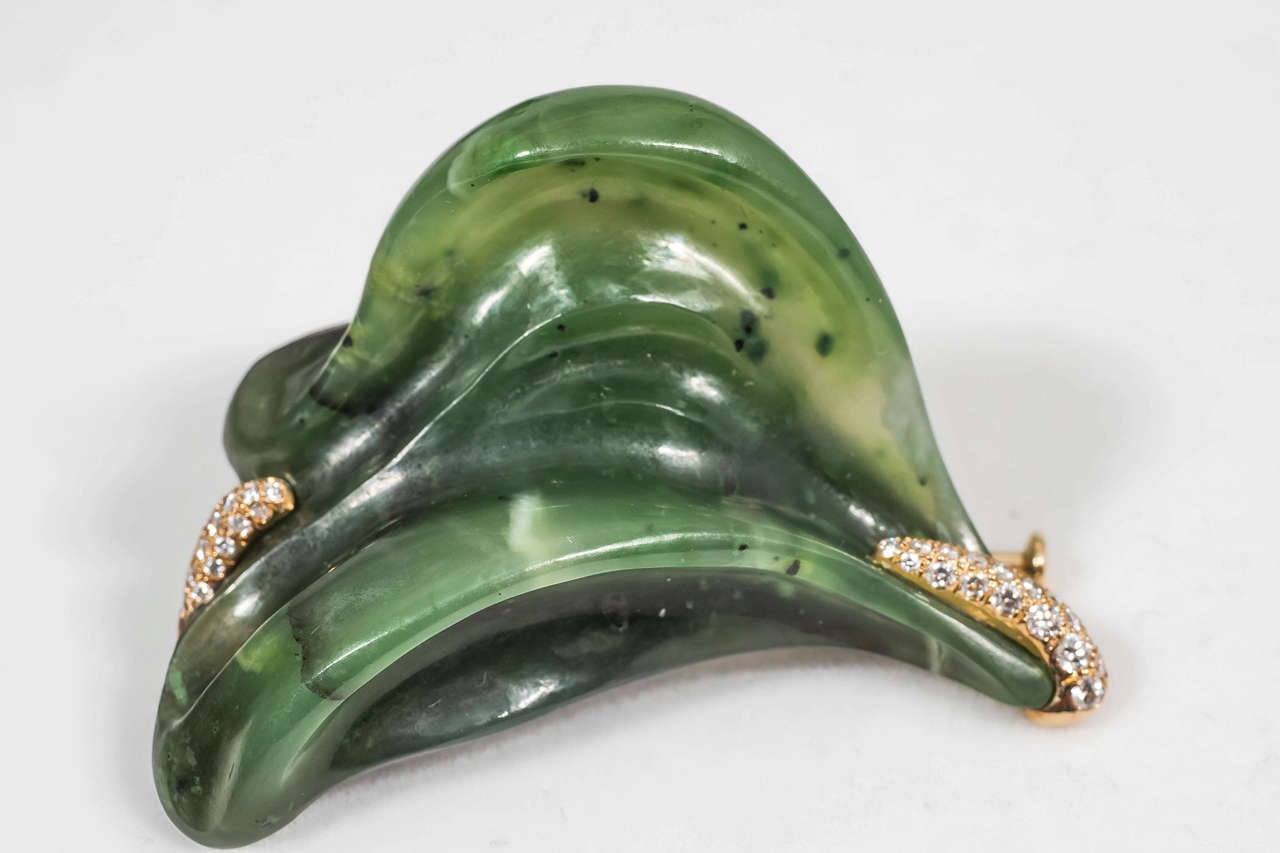 Hand-Carved Nephrite Jade Diamond Silver Gold Brooch In New Condition For Sale In New York, NY