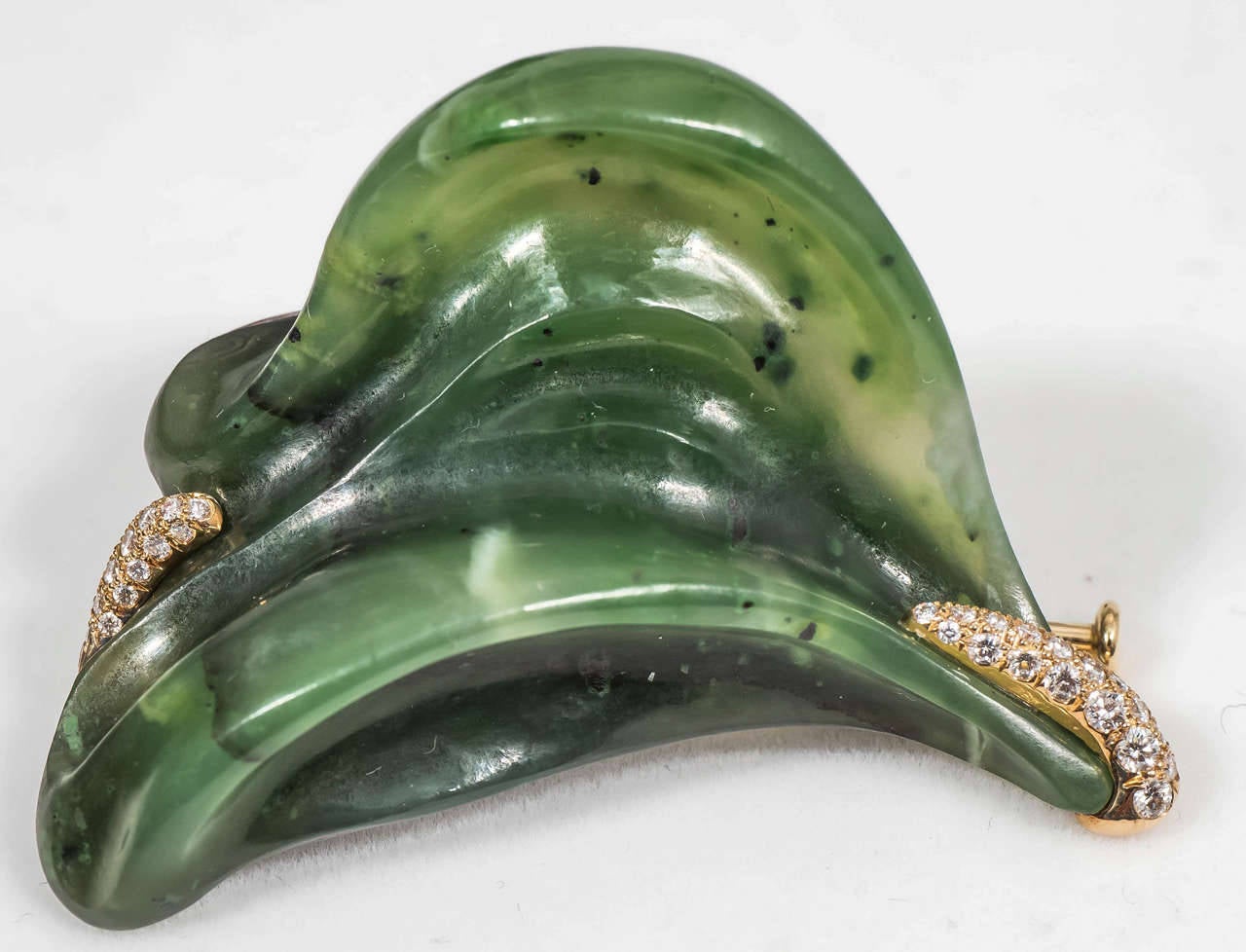 Hand-Carved Nephrite Jade Diamond Silver Gold Brooch For Sale 1