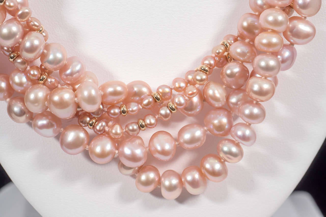 Naomi Sarna Five Strand Pink Pearl Gold Necklace For Sale 1