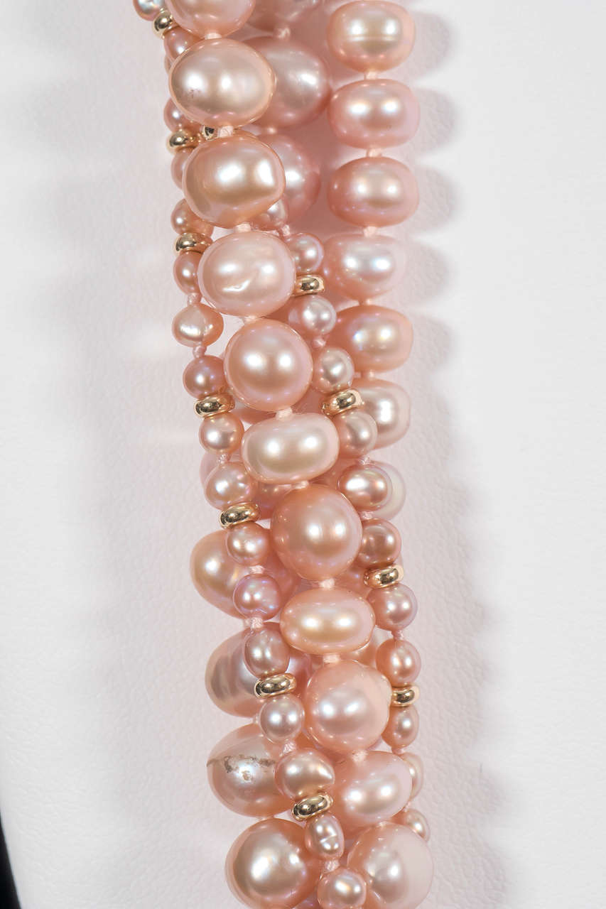 Naomi Sarna Five Strand Pink Pearl Gold Necklace For Sale 2