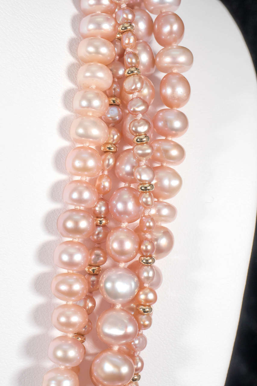 Naomi Sarna Five Strand Pink Pearl Gold Necklace For Sale 3