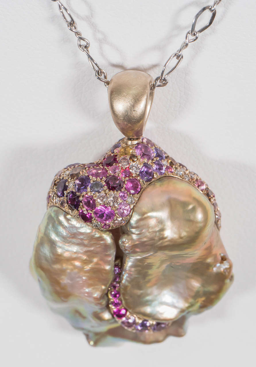 Naomi Sarna Freshwater Pearl Sapphire Diamond Gold Pendant 1