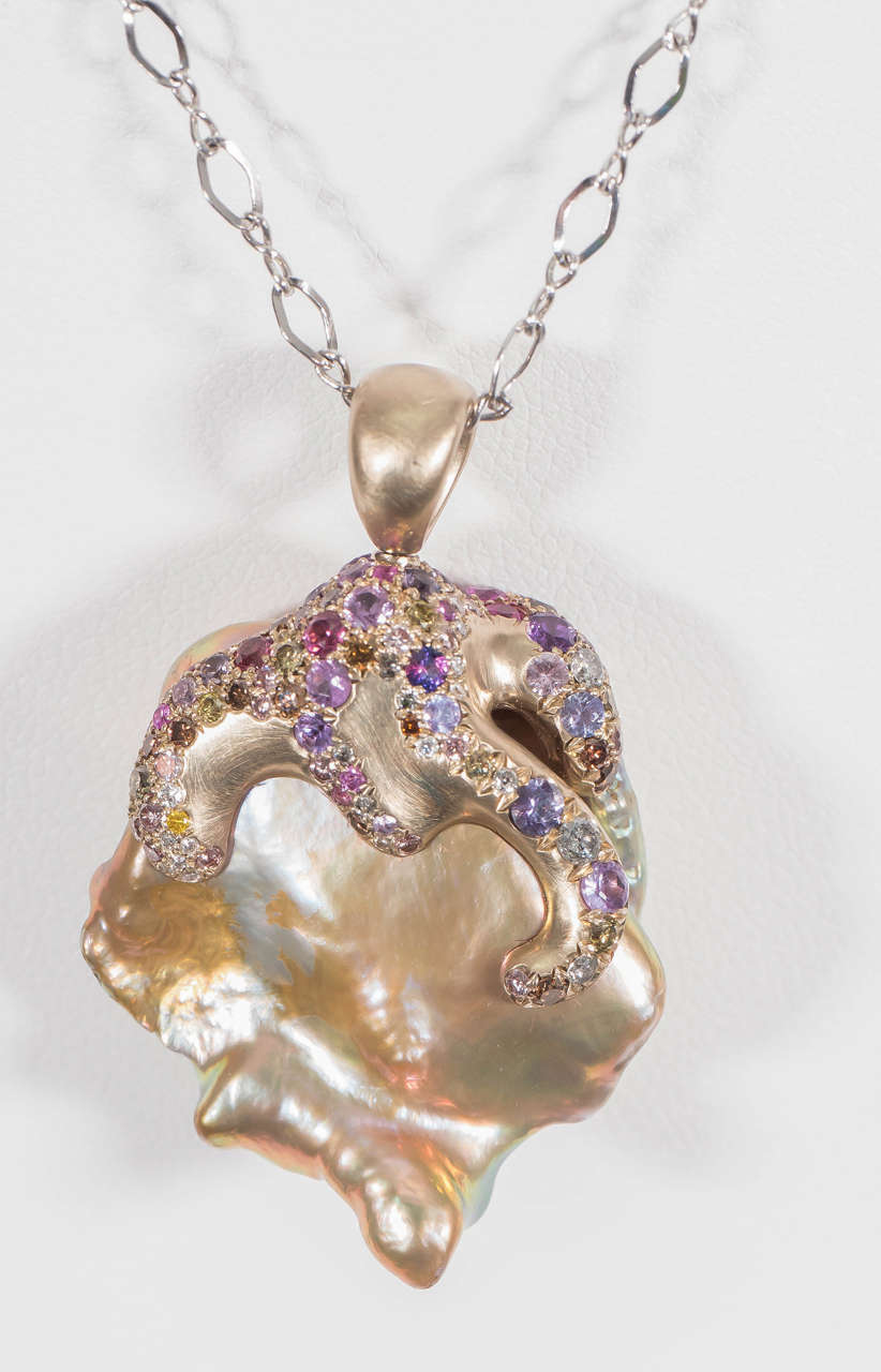 Naomi Sarna Freshwater Pearl Sapphire Diamond Gold Pendant 4