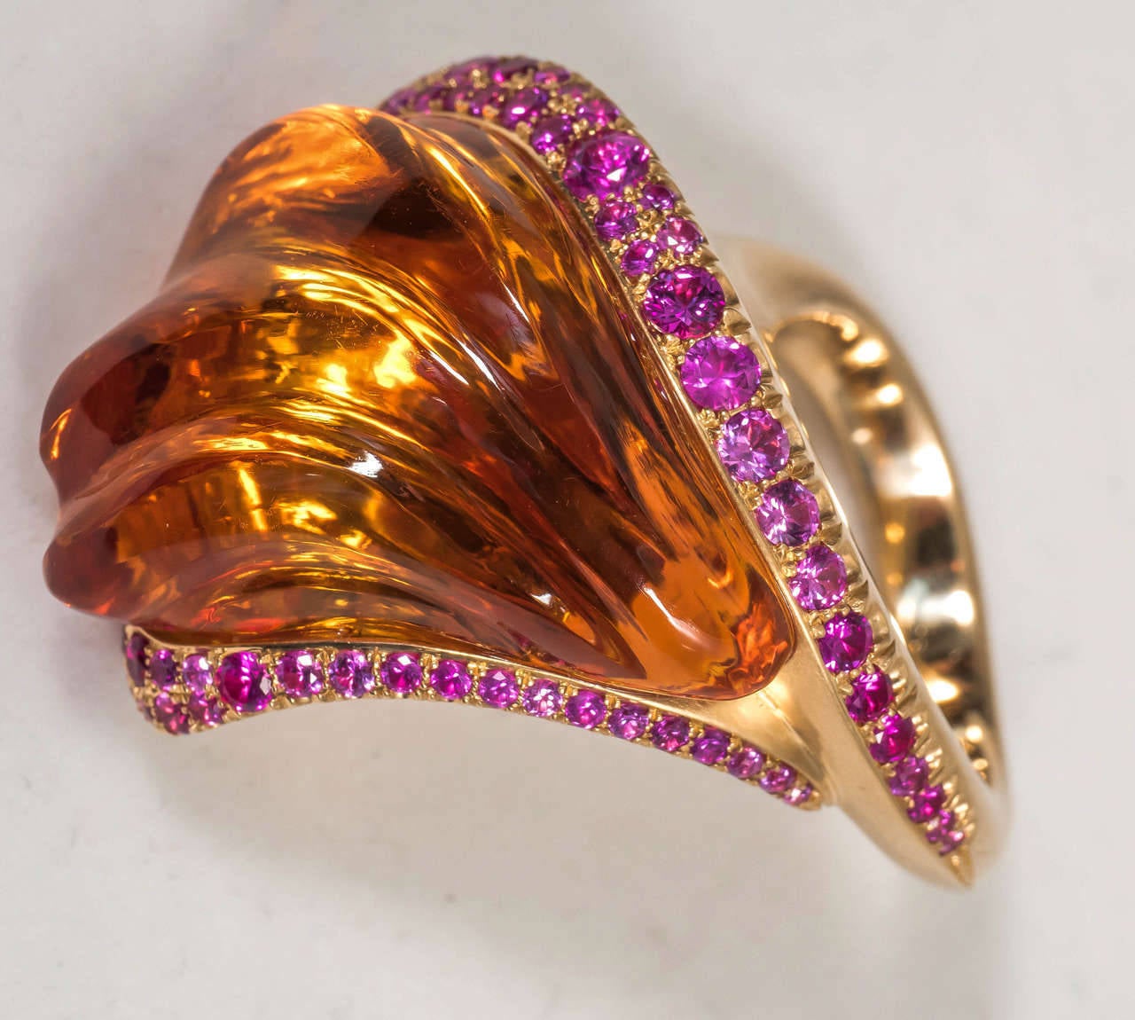 Naomi Sarna Hand-Carved Citrine Pink Sapphire Gold Ring For Sale 2