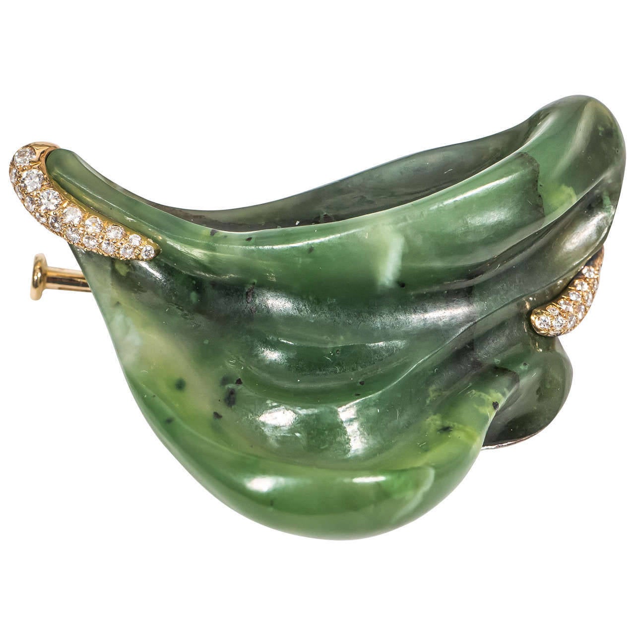Hand-Carved Nephrite Jade Diamond Silver Gold Brooch For Sale 4