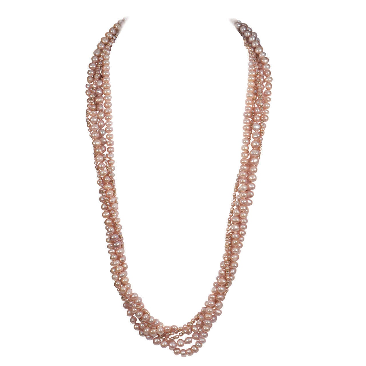 Naomi Sarna Five Strand Pink Pearl Gold Necklace For Sale 6