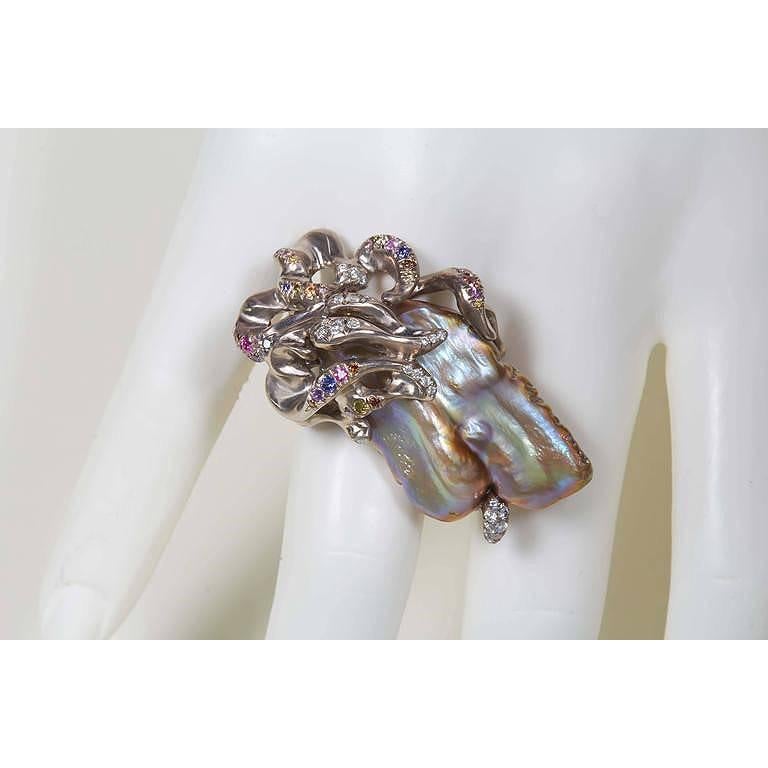 Women's Naomi Sarna Freshwater Pearl Diamond Sapphire Gold Ring