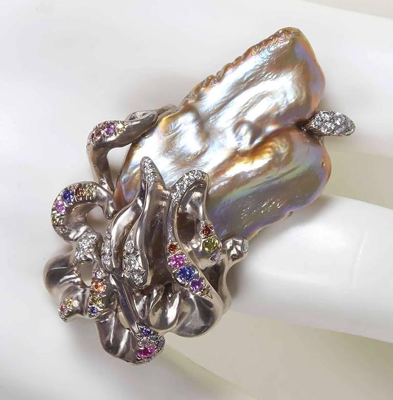 Naomi Sarna Freshwater Pearl Diamond Sapphire Gold Ring 1