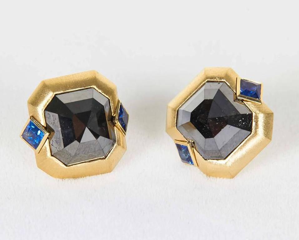 Women's or Men's Naomi Sarna Blue Sapphire Black Diamond Gold Earrings For Sale