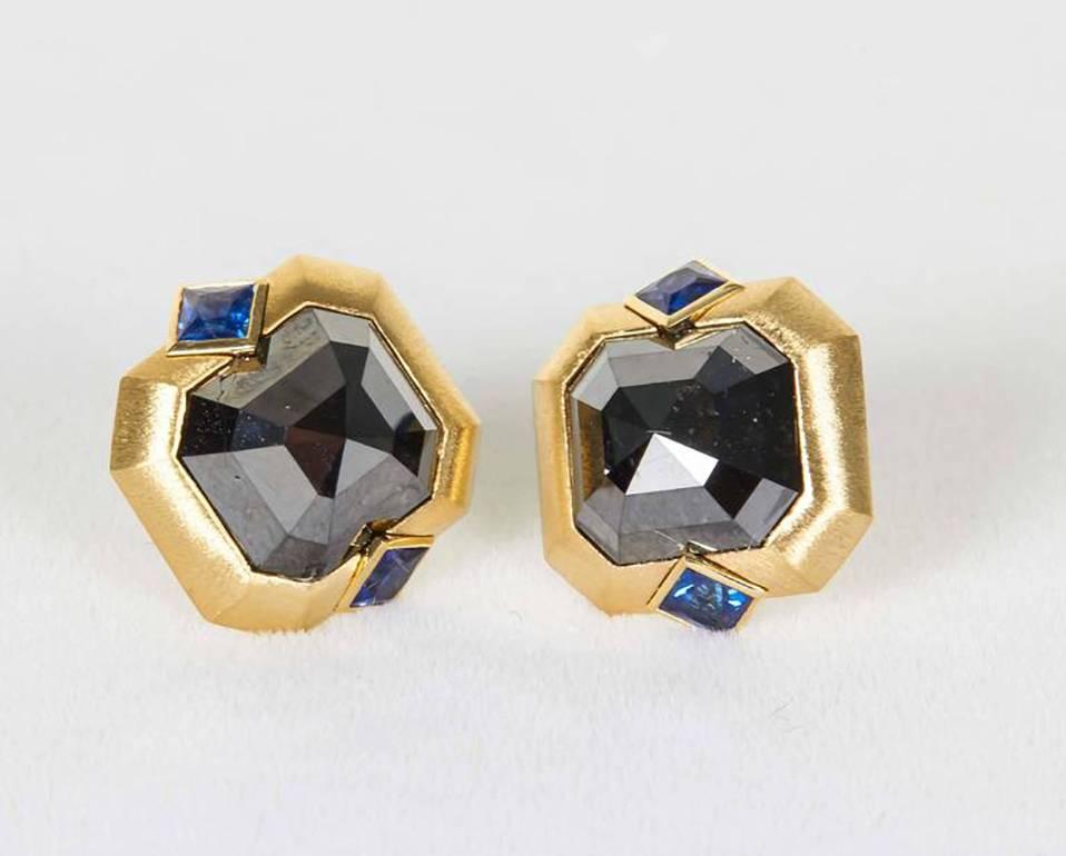 Naomi Sarna Blue Sapphire Black Diamond Gold Earrings For Sale 1