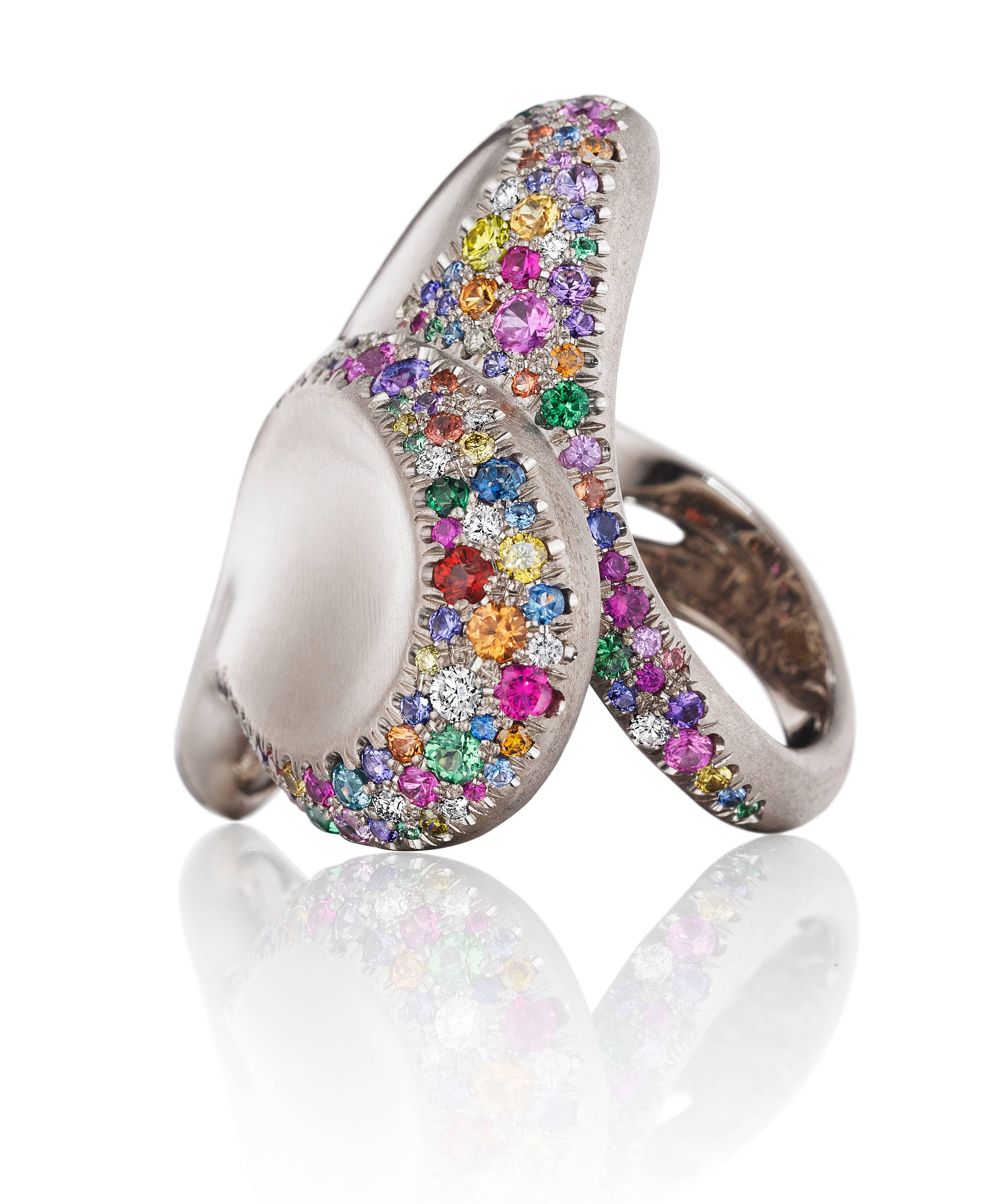Naomi's award winning Confetti Heart Ring which was recently on display at the AGTA Spectrum Awards Gala.

An exuberance of joy and color. The Confetti Heart Ring leaps into sophisticated extravagance. Made entirely of natural 18K white gold with