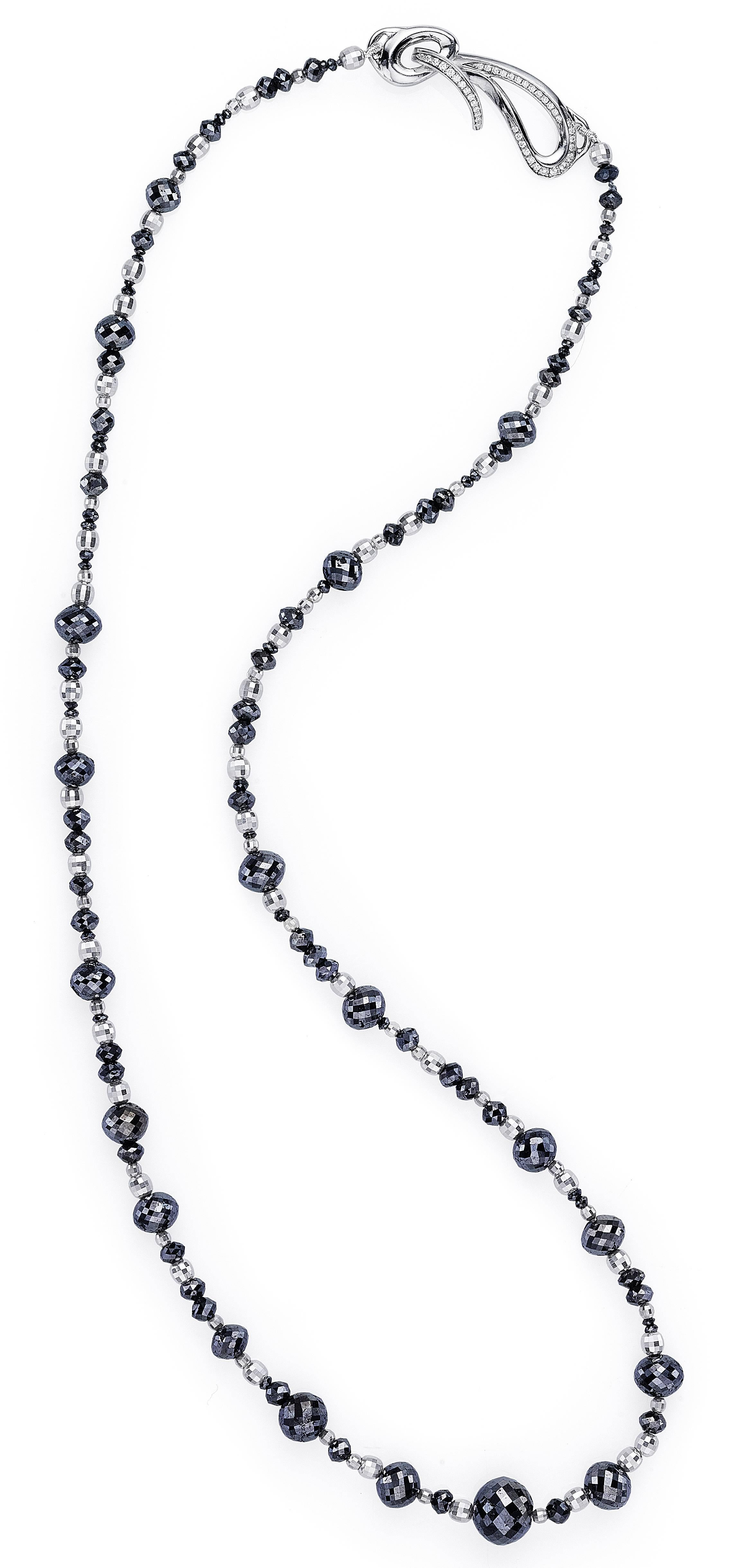 Simply elegant necklace featuring sparkling faceted black diamonds (55 ct total) separated by mirrored 14K white gold beads. Finished with Naomi's signature clasp in 18K white gold set with VS-FG white diamonds. ​

Available with a clasp with no