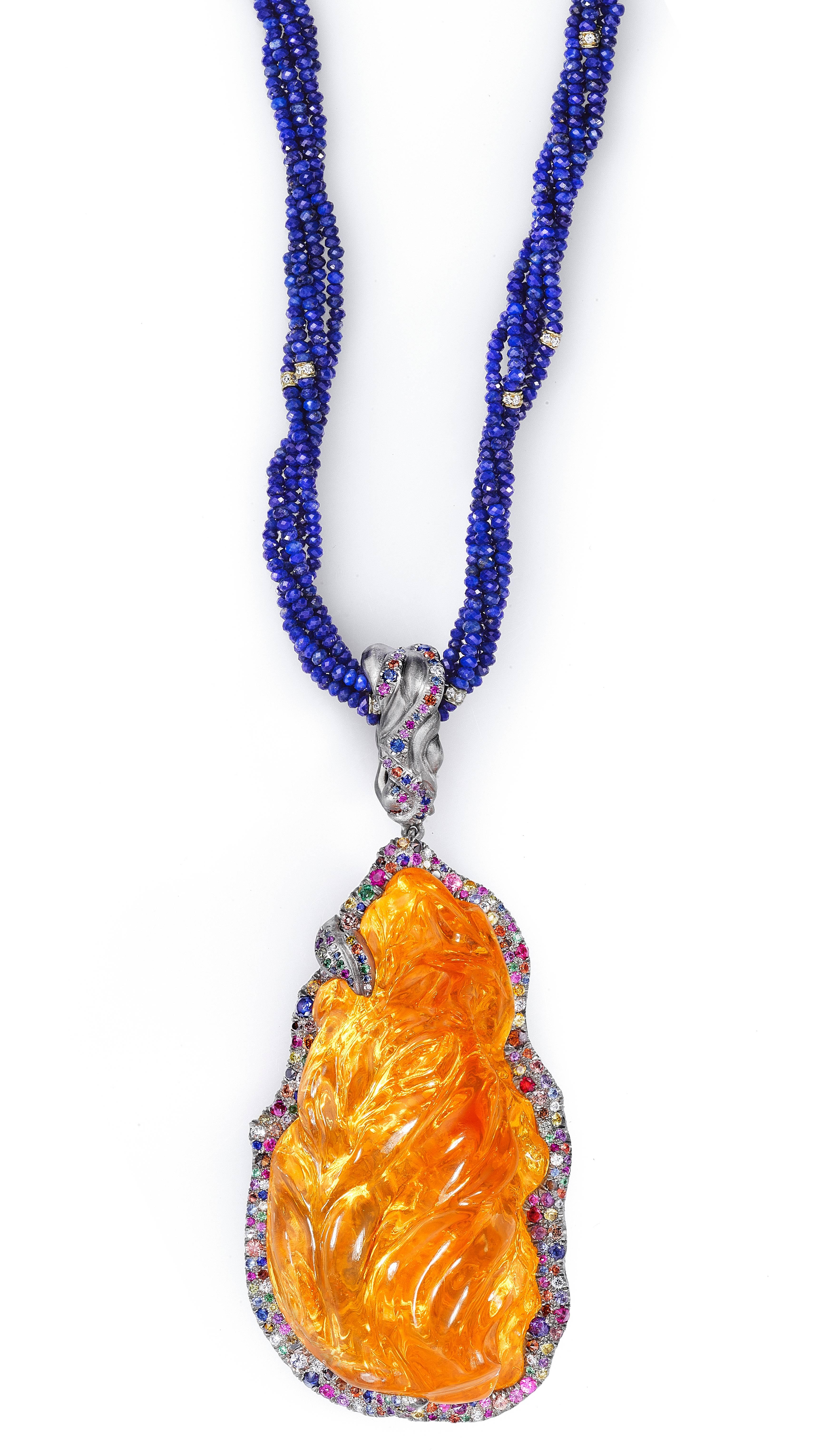 Naomi Sarna Fire Opal Multi-Color Diamond Sapphire Lapis Lazuli Necklace For Sale 1
