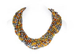 Naomi Sarna Orange Opal, Black Pearl, Chrome Diopside, Tsavorite, Gold Necklace