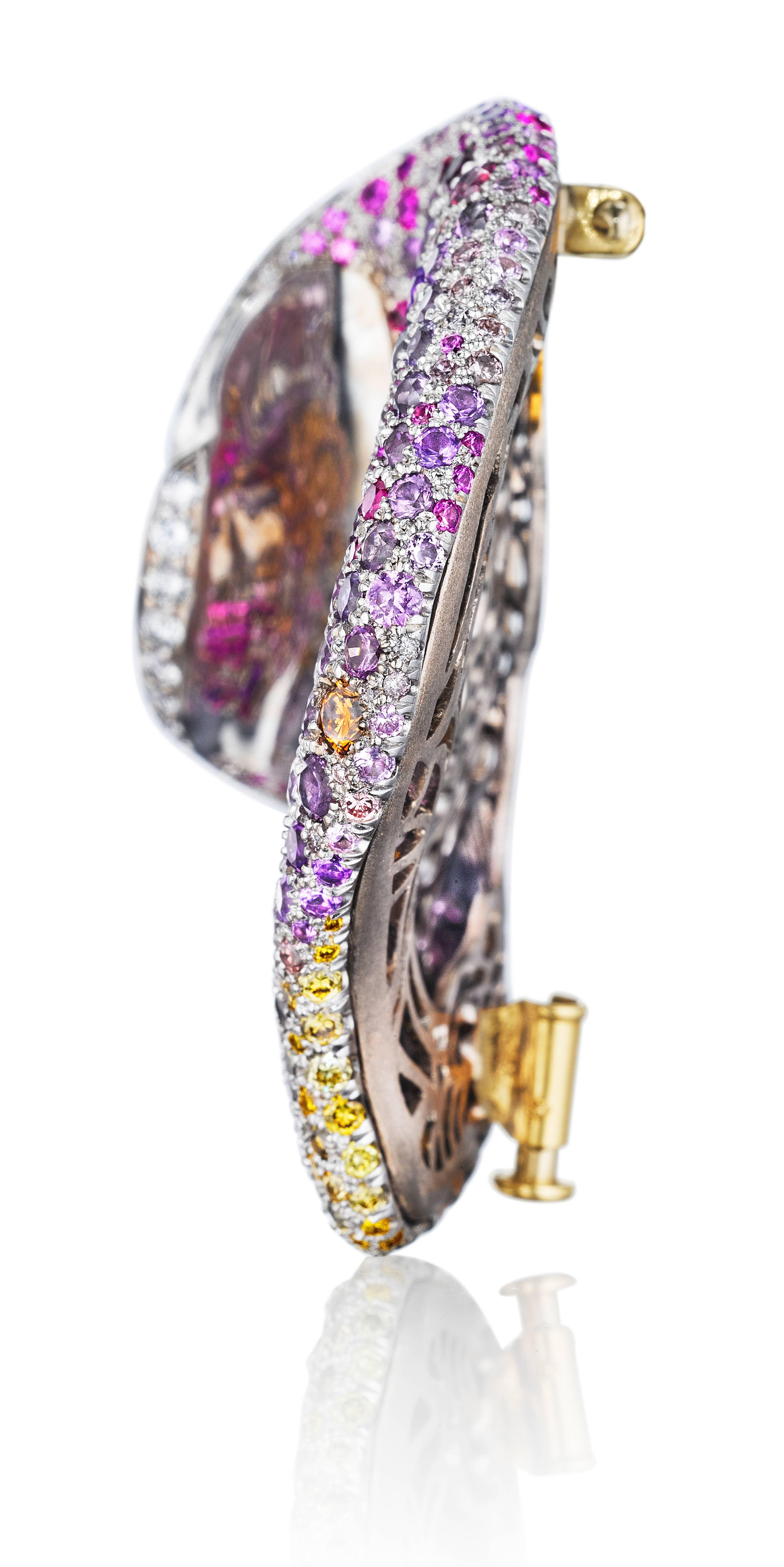 Contemporary Naomi Sarna Multicolored Sapphire Amethyst Diamond Gold Petal Brooch For Sale