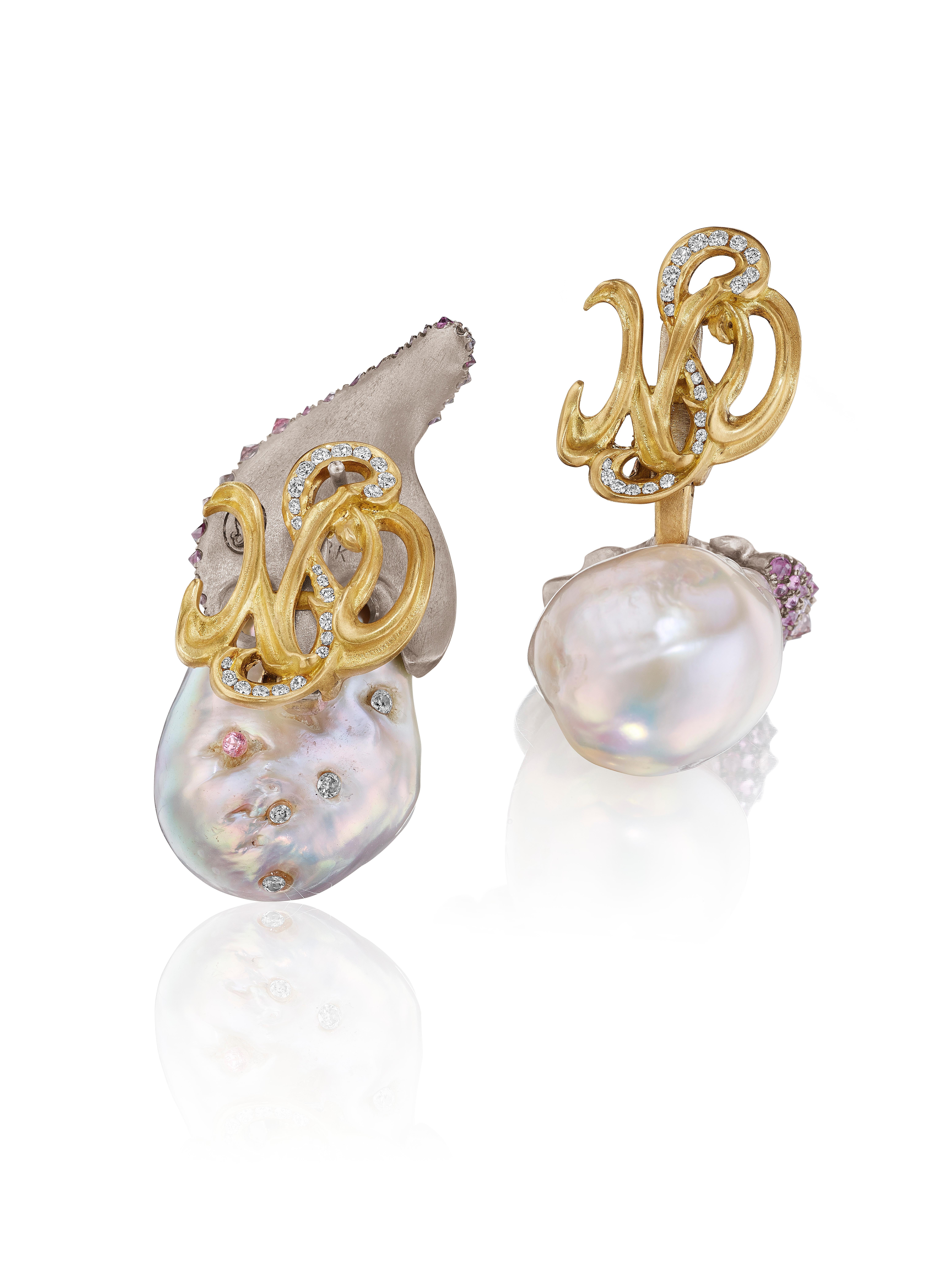 Chinese Freshwater White Pearls of unusual quality and luster are embraced with Natural 18K White Gold and set with Natural Color Pink Diamonds and Pink Sapphires. All gems are reverse set, an extremely difficult and unusual type of setting,