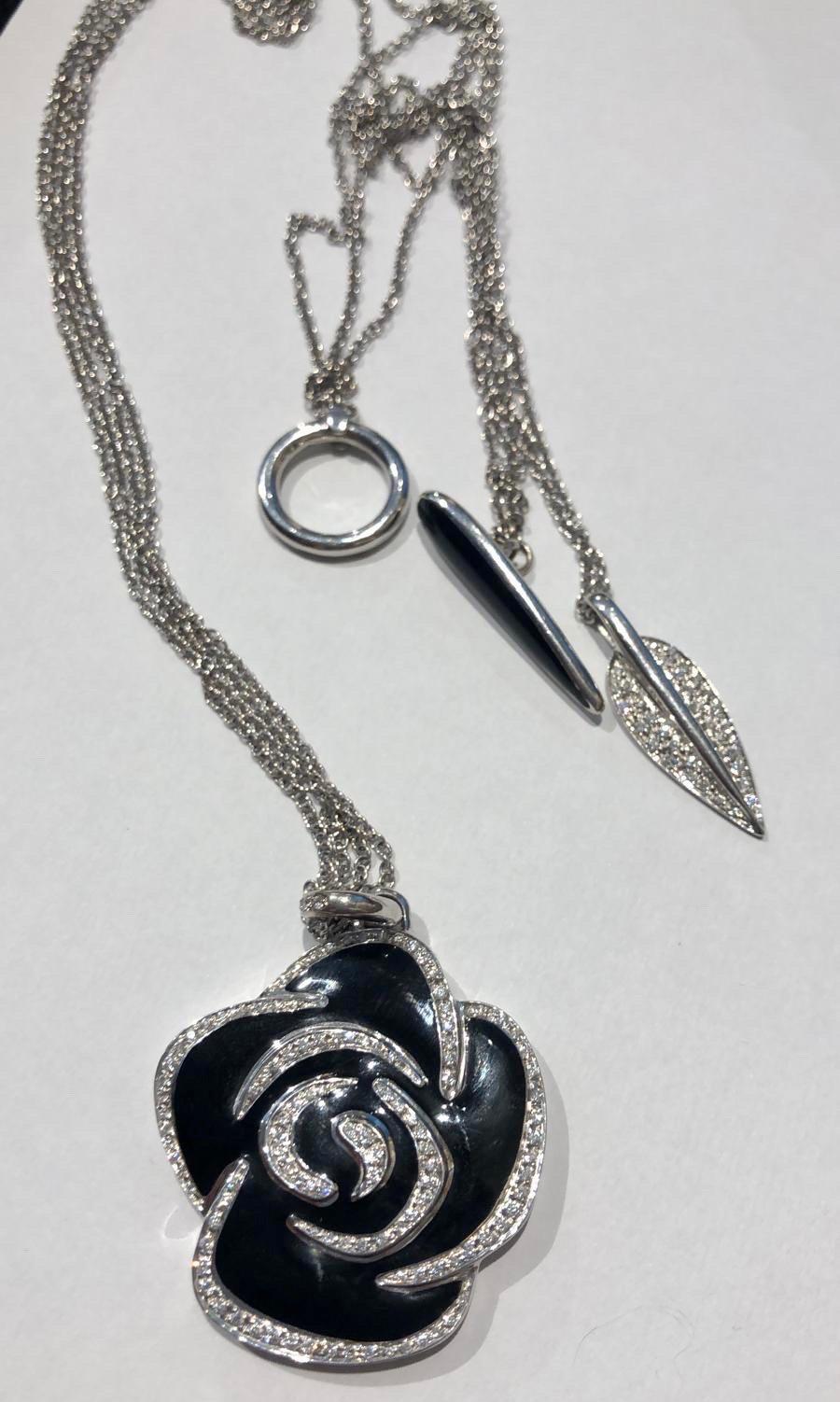 Women's Nouvelle Bague 18k White Gold Enamel and Diamonds Chamelia Pendant Necklace