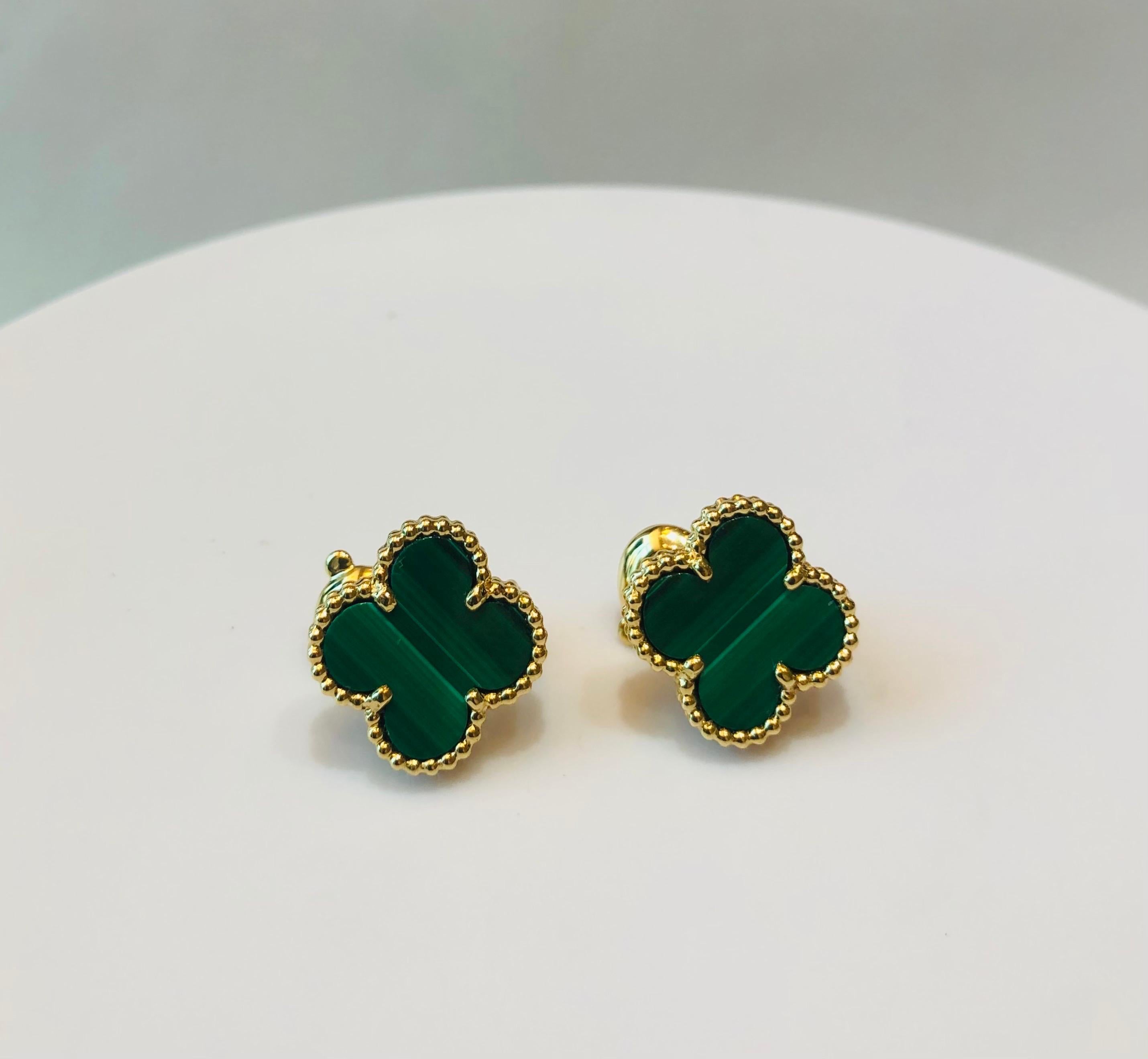 Van Cleef & Arpels Vintage Alhambra Malachite and Yellow Gold Earrings 4