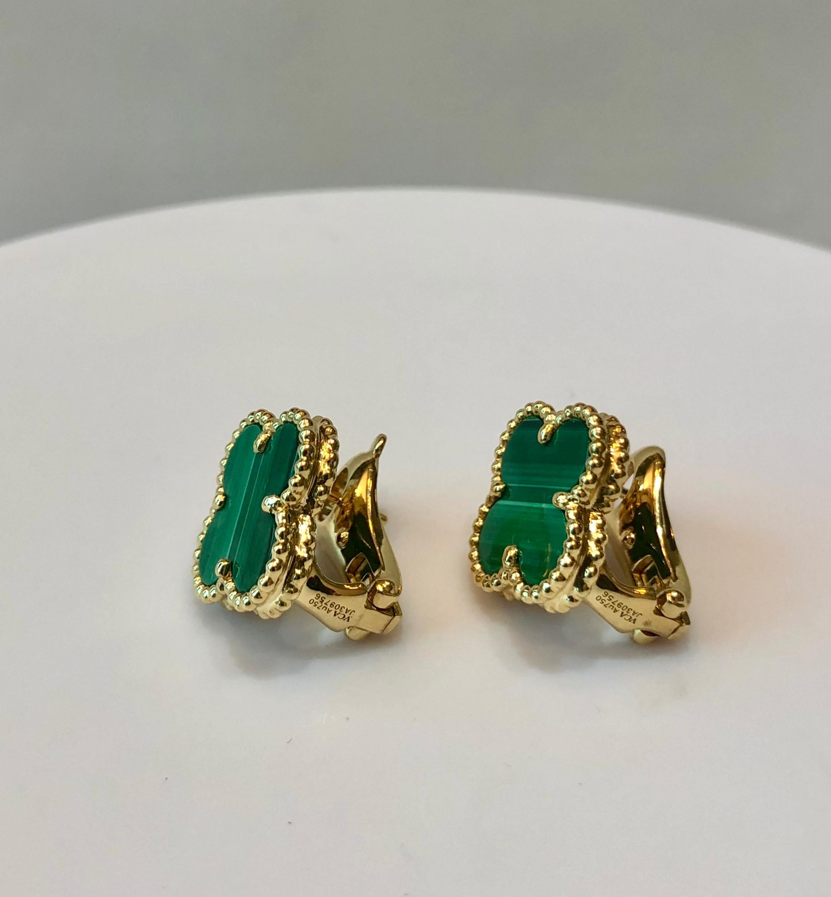 Van Cleef & Arpels Vintage Alhambra Malachite and Yellow Gold Earrings 1
