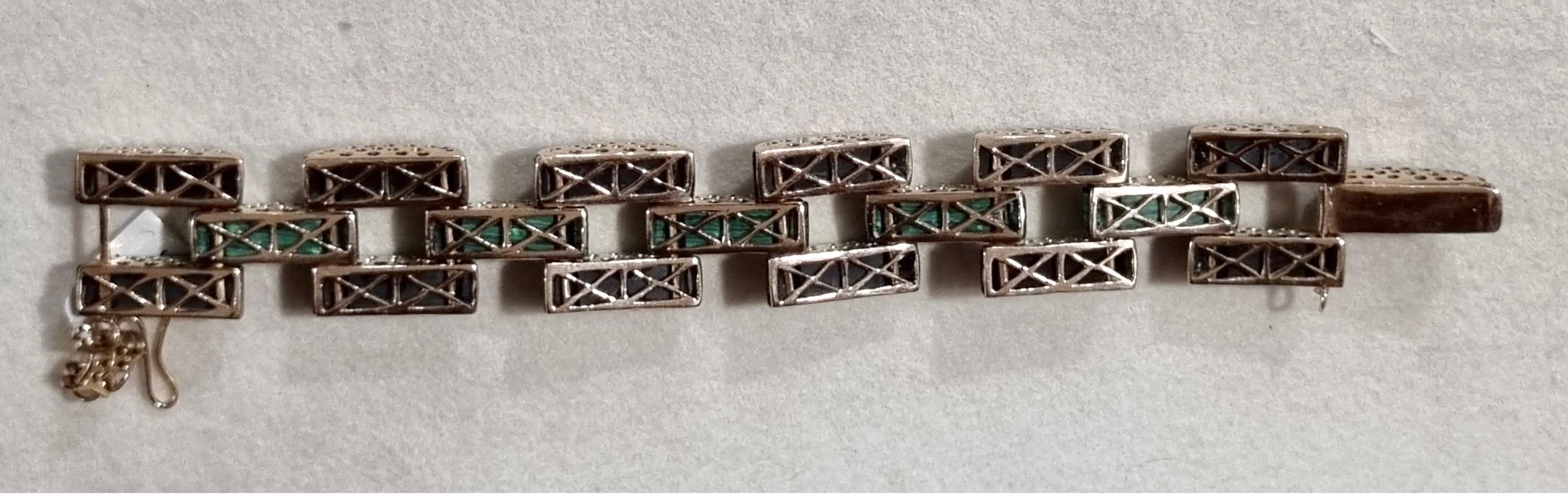 Art Deco Diamonds , Onyx, Malachite in Gold tank setting bracelet For Sale 1