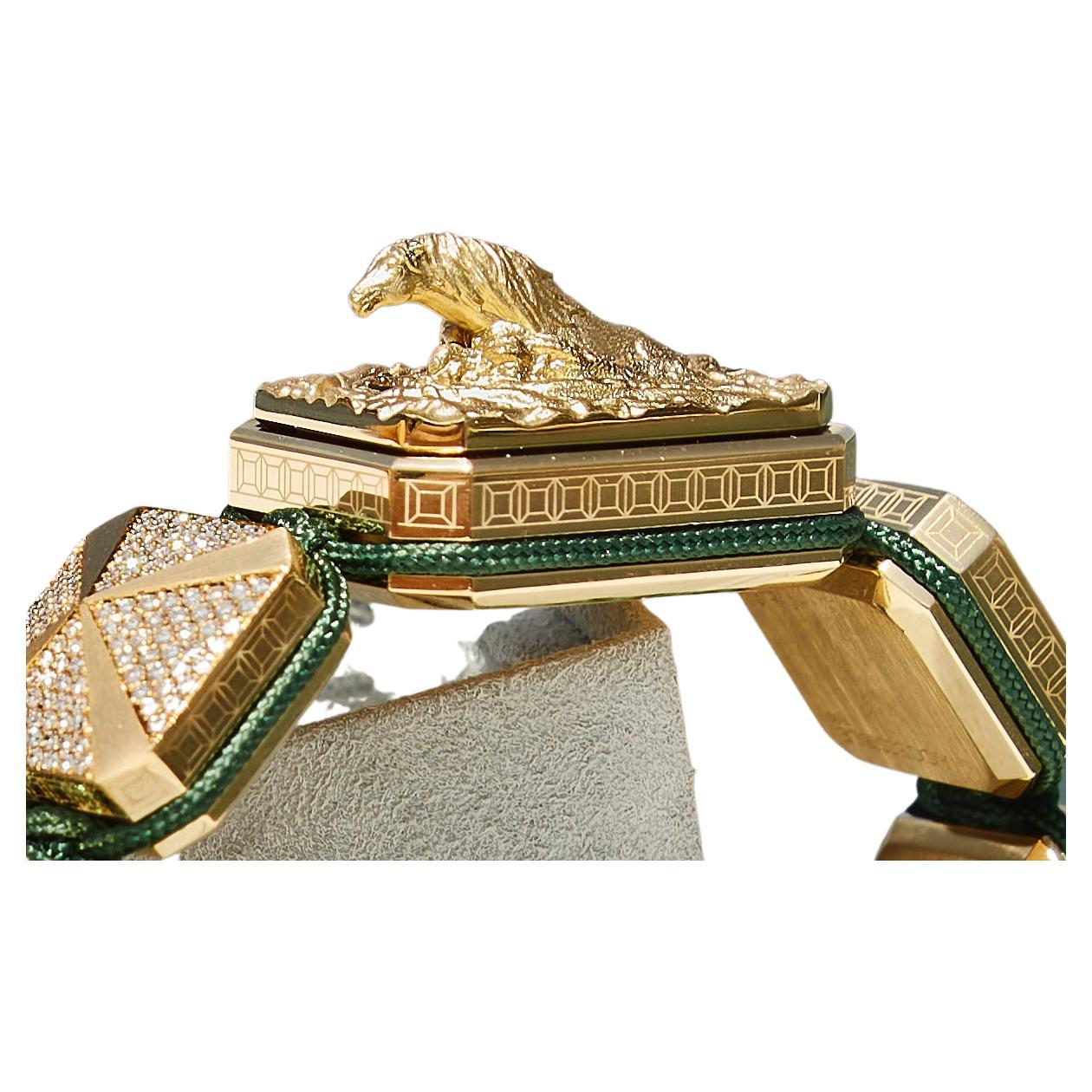I'm Different Horse 3D Microsculpture Diamond 18k Gold Bracelet with Green Cord For Sale