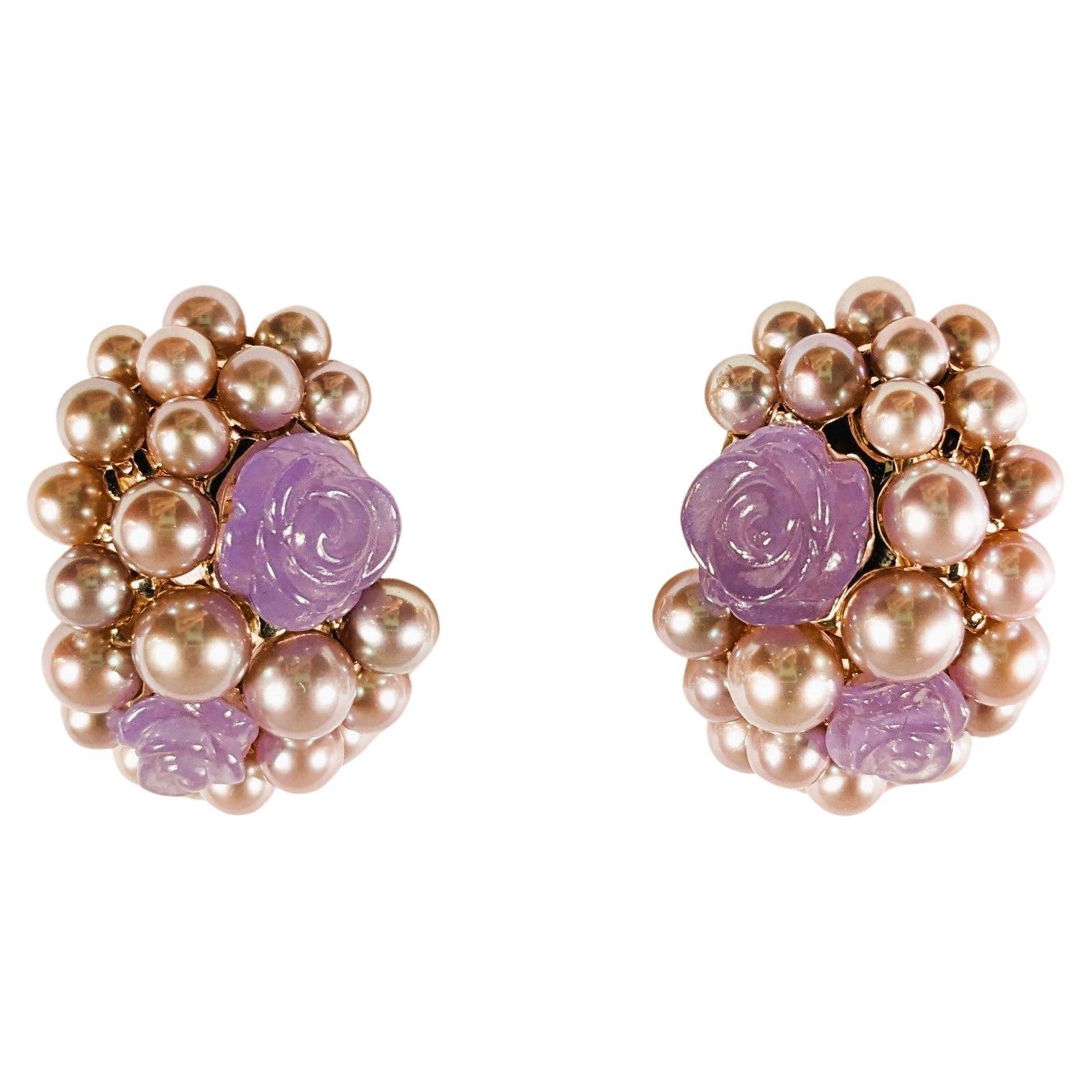 Boucles d'oreilles vintage Mimi Milano en or rose 18 carats  Fleurs d'agate, perles cultivées en vente