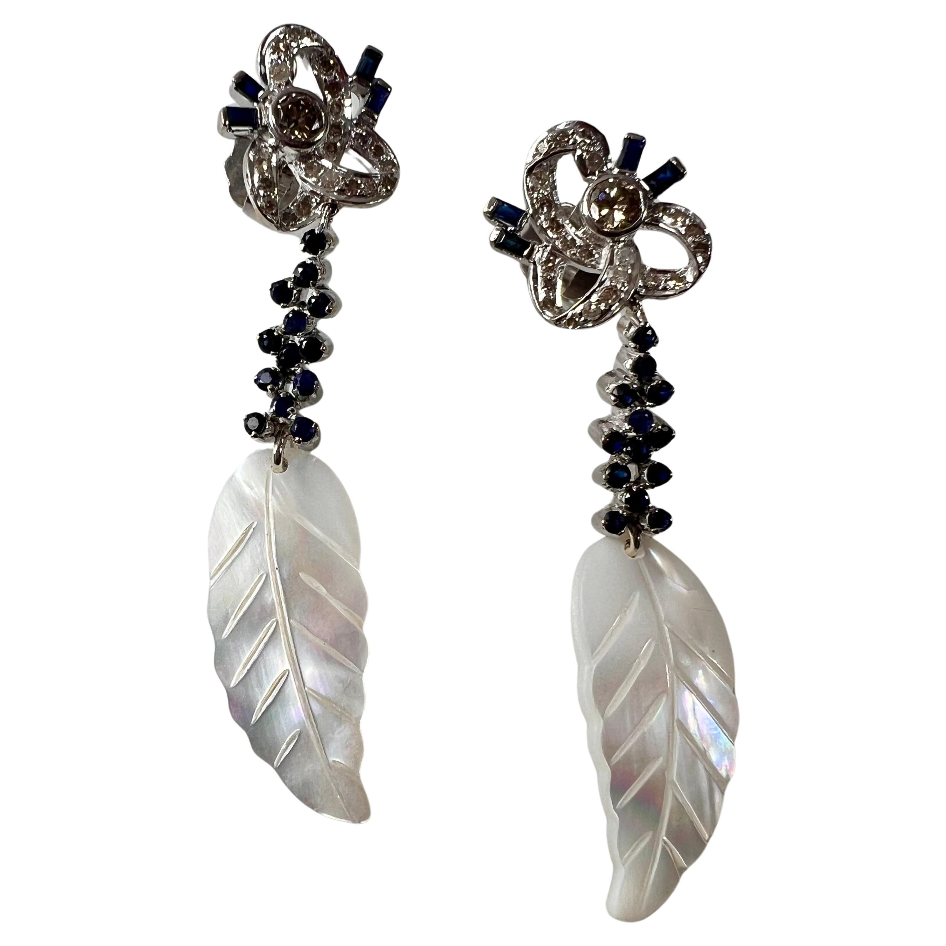 Long White Gold Earrings with Diamonds and Sapphires and Mother of Pearl Feather For Sale