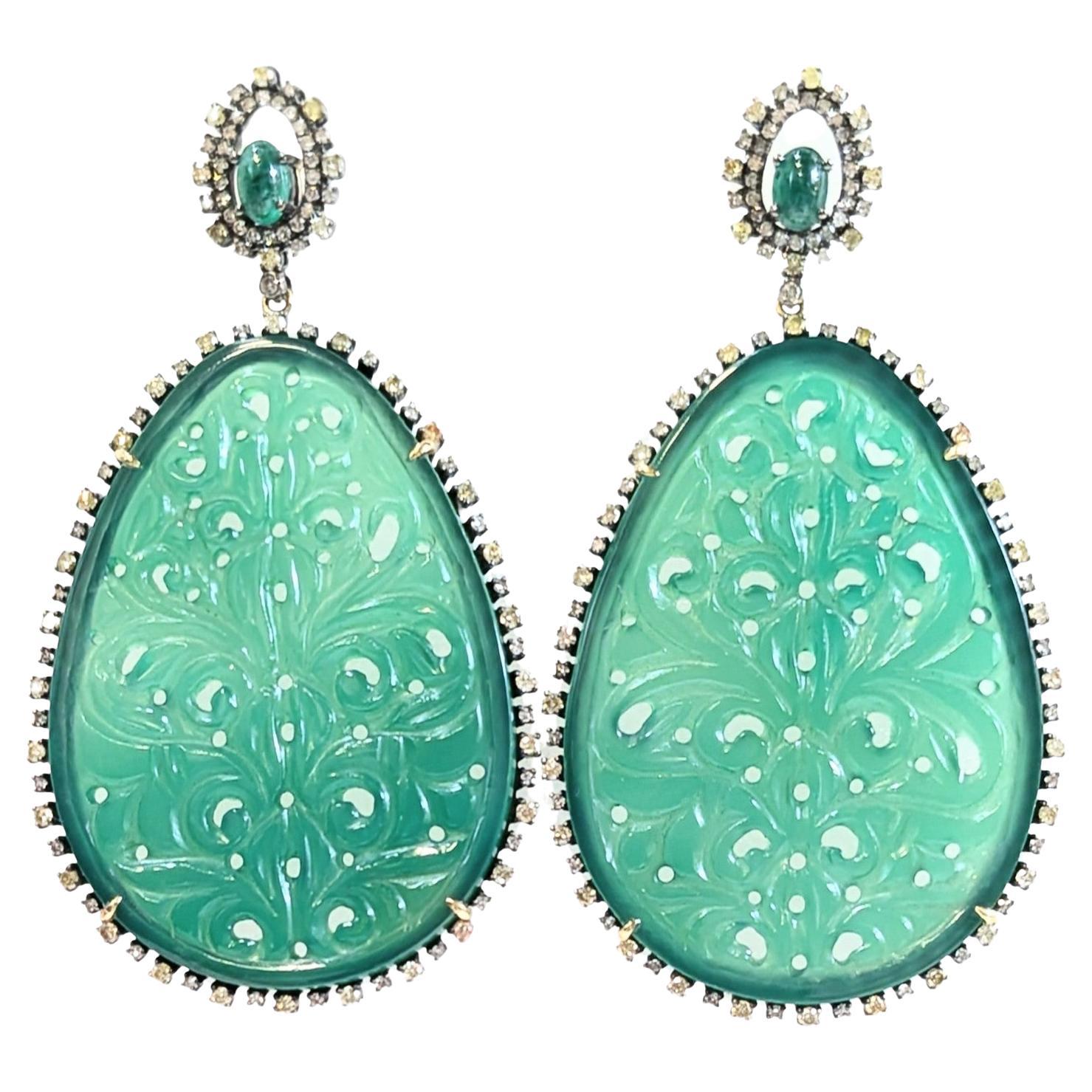 Emerald and Green Onyx Earrings with Diamonds Mounted in 18k Gold and Silver For Sale