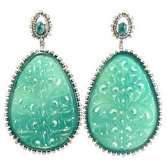 Emerald and Green Onyx Earrings with Diamonds Mounted in 18k Gold and Silver