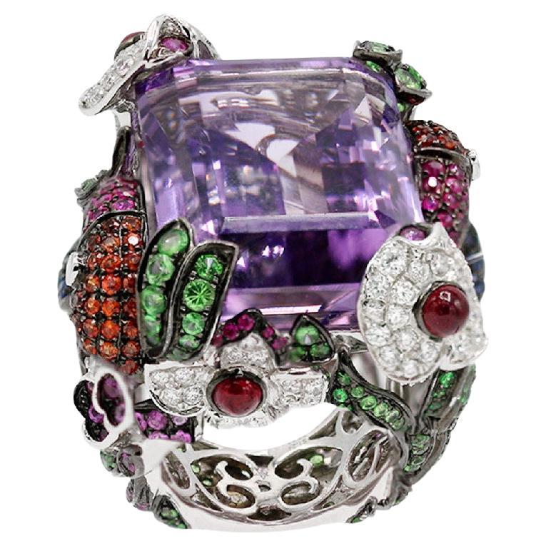 Zaffiro, diamanti, pietre colorate e oro rosa 14K  Anello in vendita