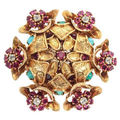 Turquoise Ruby Diamond Gold Flower Brooch
