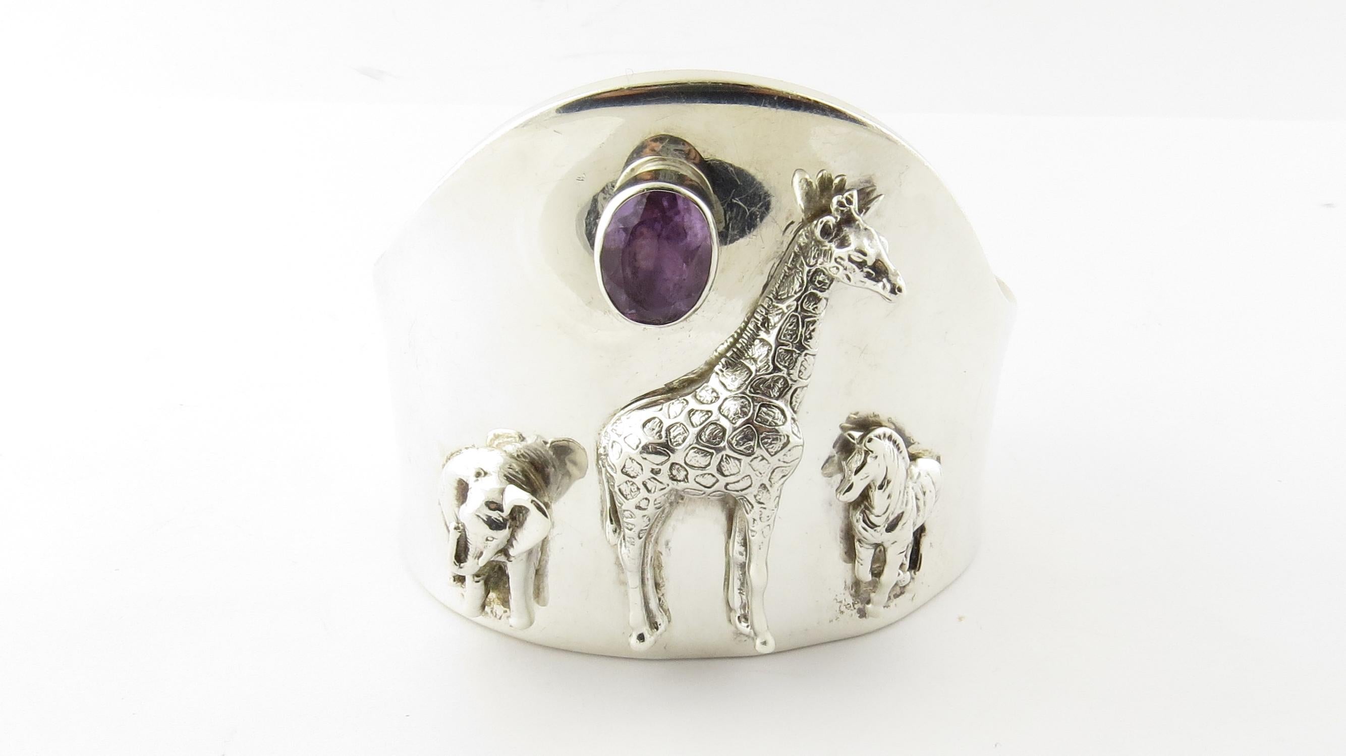 Oval Cut Carol Felley Southwestern Sterling Silver Wildlife Amethyst Cuff Bracelet, 1997