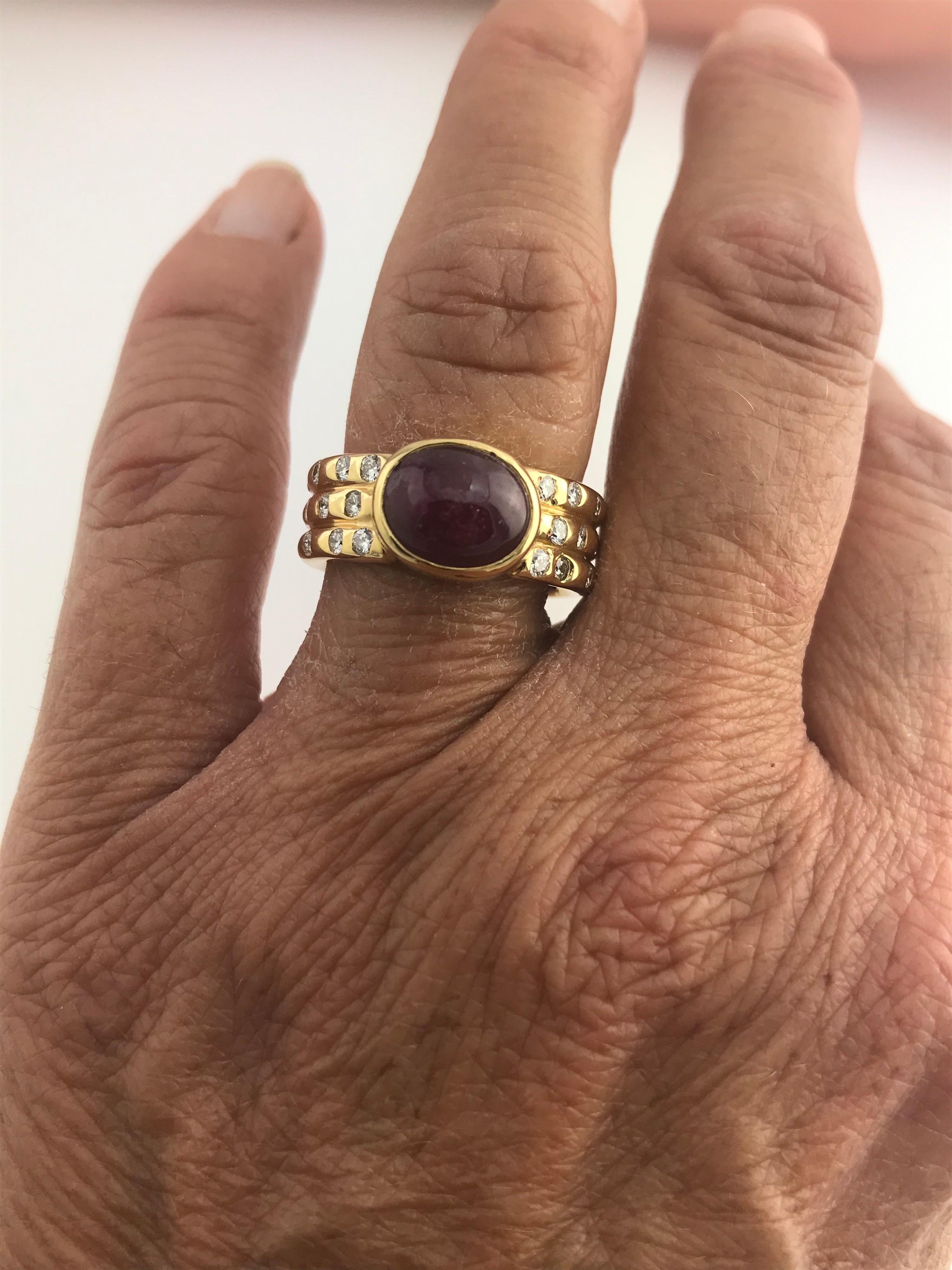 18 Karat Yellow Gold Cabochon Ruby and Diamond Ring 2