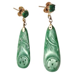 14K Yellow Gold Jade Drop Earrings #25824