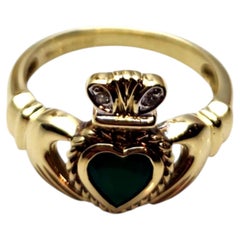 14K Yellow Gold Green Stone Diamond Heart Claddagh Ring Size 6#25841