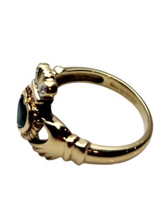 14K Yellow Gold Green Stone Diamond Heart Claddagh Ring Size 6#25841