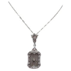 14K White Gold Camphor Glass Diamond Pendant Necklace #25818