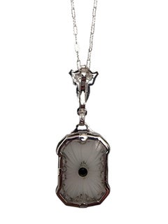 14K White Gold Camphor Glass Diamond Pendant Necklace #25818