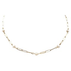 14K Yellow Gold Paperclip Link Pearl Necklace #25693