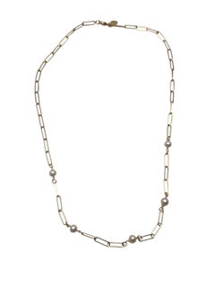 14K Yellow Gold Paperclip Link Pearl Necklace #25693