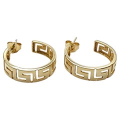 14K Yellow Gold Greek Key Hoop Earrings #25800