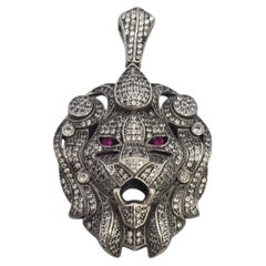 Sterling Silver Pave CZ Red Stone Eyes Hip-Hop Style Lion Head Pendant #25916