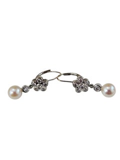 Orecchini pendenti con fiori in oro bianco 14 carati, diamanti e perle #25939