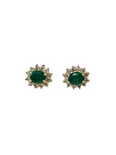Boucles d'oreilles à clous en or jaune 14 carats, avec émeraude et halo de diamants #25933