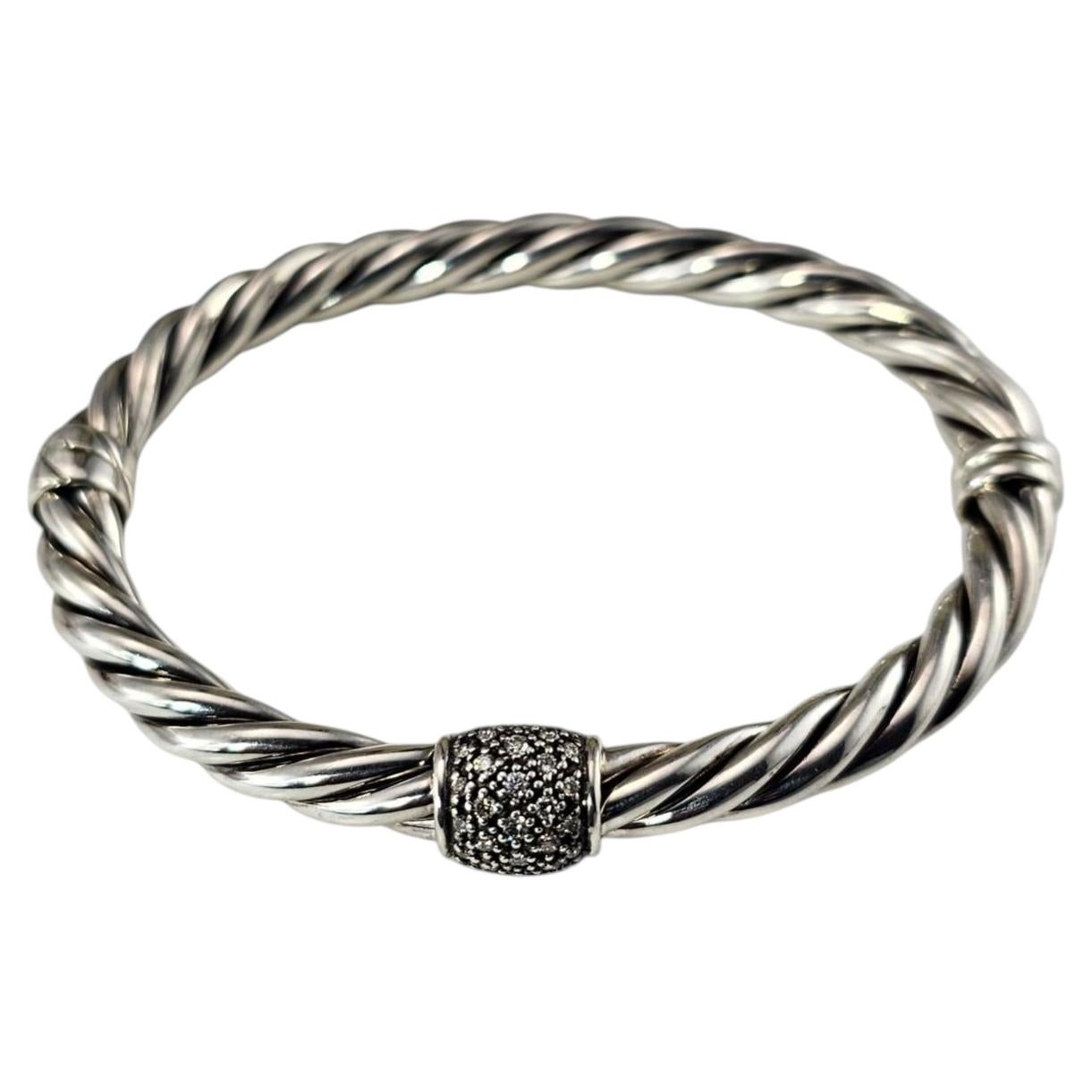 David Yurman Sterling Silver Pave Diamond Station Bangle Bracelet #25897 For Sale