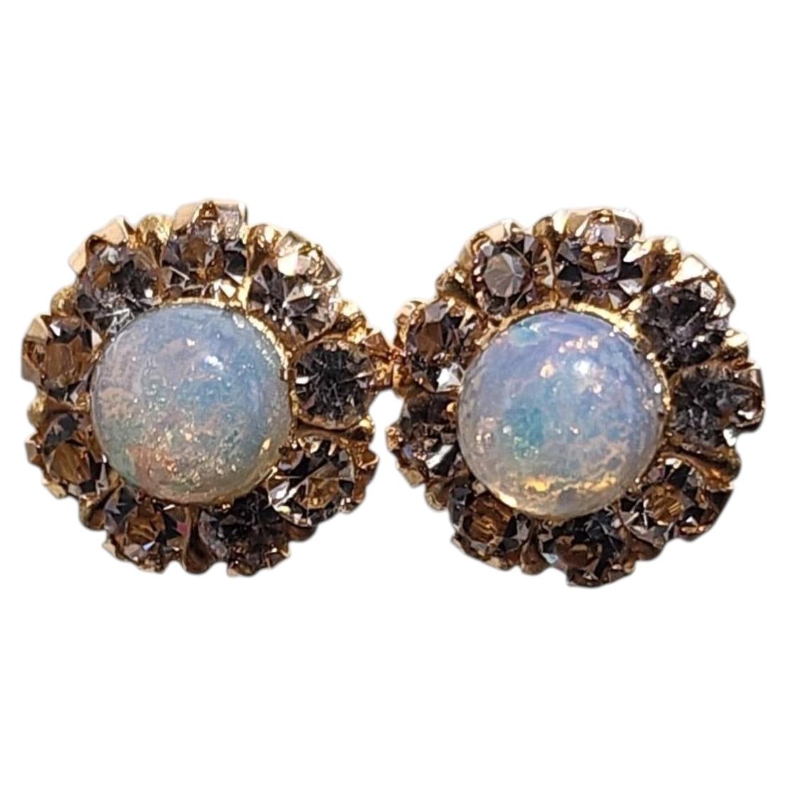 10K Yellow Gold Opal And Clear Stone Stud Earrings #25839 For Sale