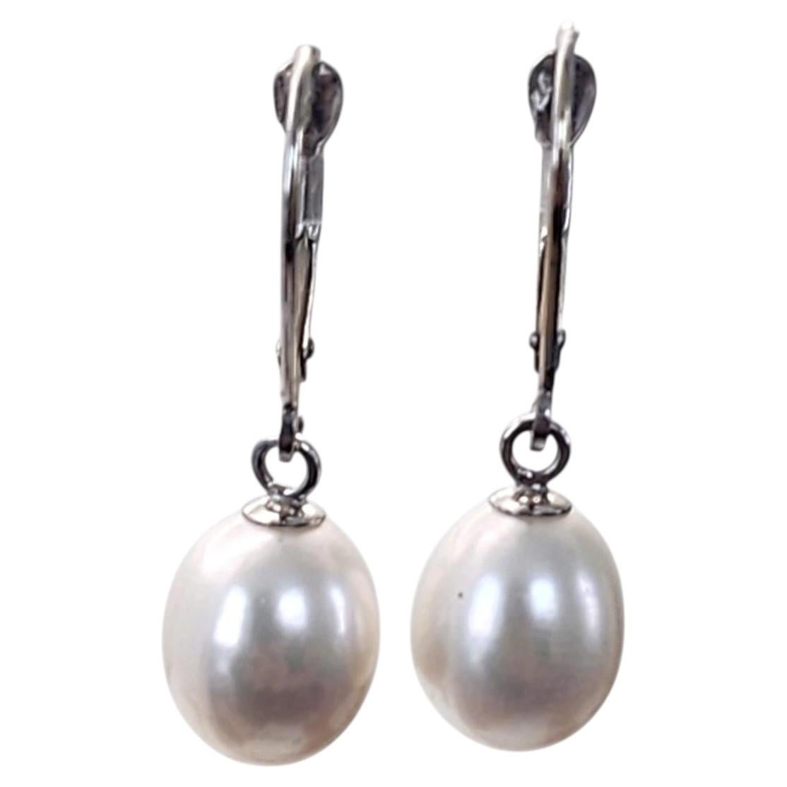 14K White Gold Freshwater Pearl Dangle Earrings #25836 For Sale