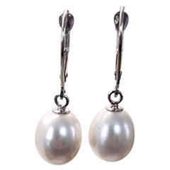 Boucles d'oreilles pendantes en or blanc 14 carats avec perles d'eau douce #25836