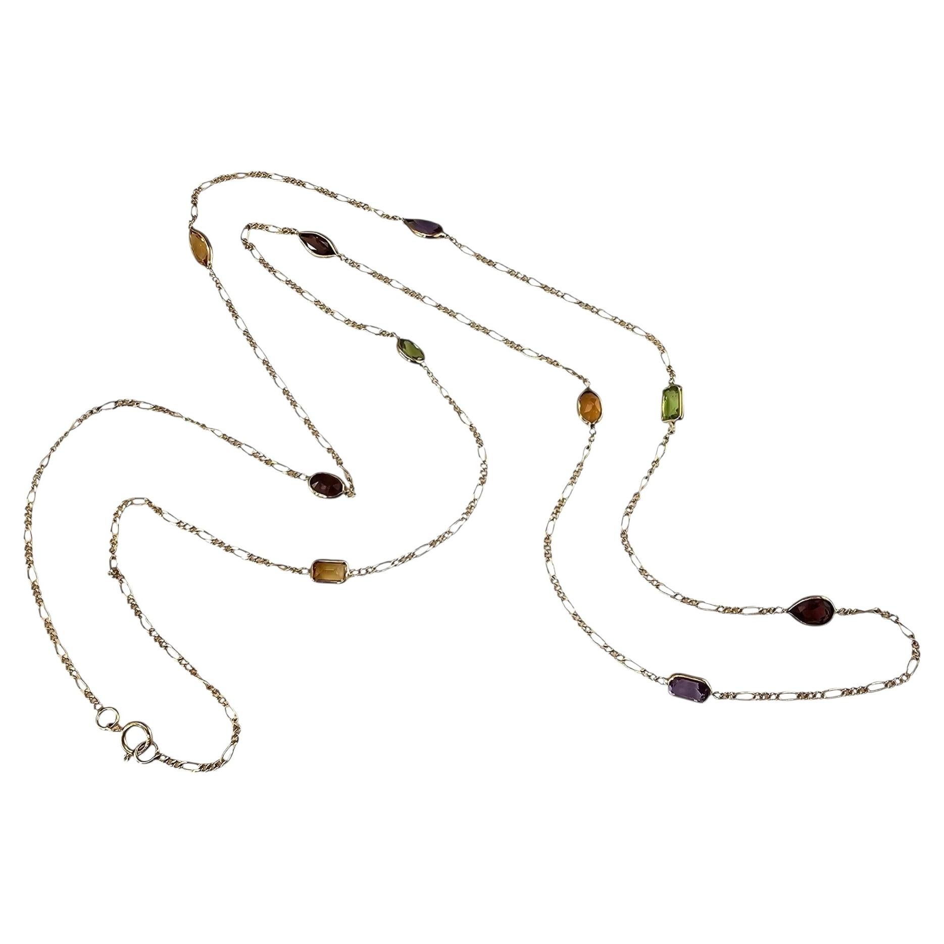 14K Yellow Gold Multicolor Gemstone Station Necklace 30" #25981